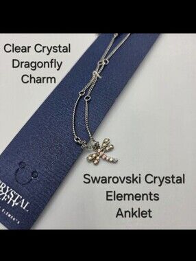 Crystal Anklet Swarovski Elements Clear Dragonfly Charm Silver Tone NWT